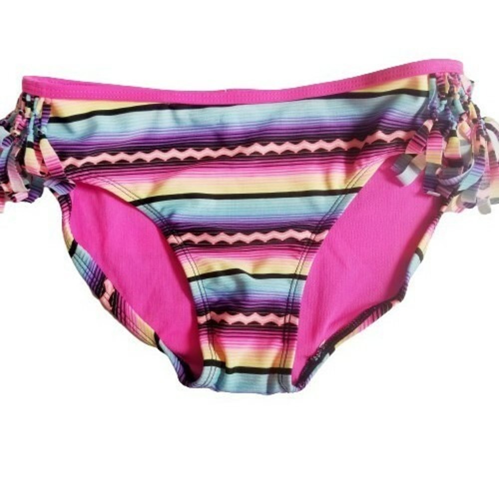Xhilaration Bikini Swimsuit Swim Bottom LARGE Black Pink Blue Striped Fringe